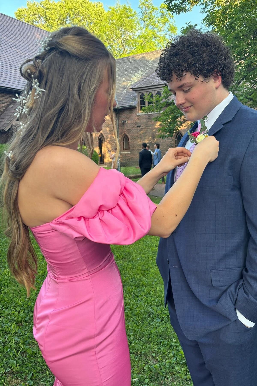 Puff Sleeves Mermaid Satin Empire Party Prom Dress With Train