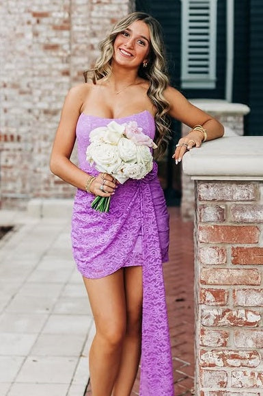Purple Lace Boat Strapless Empire Homecoming Dress With Train 