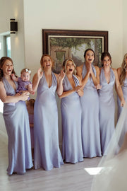 Purple Low V-Neck Halter Satin Floor-Length Bridesmaid Dress