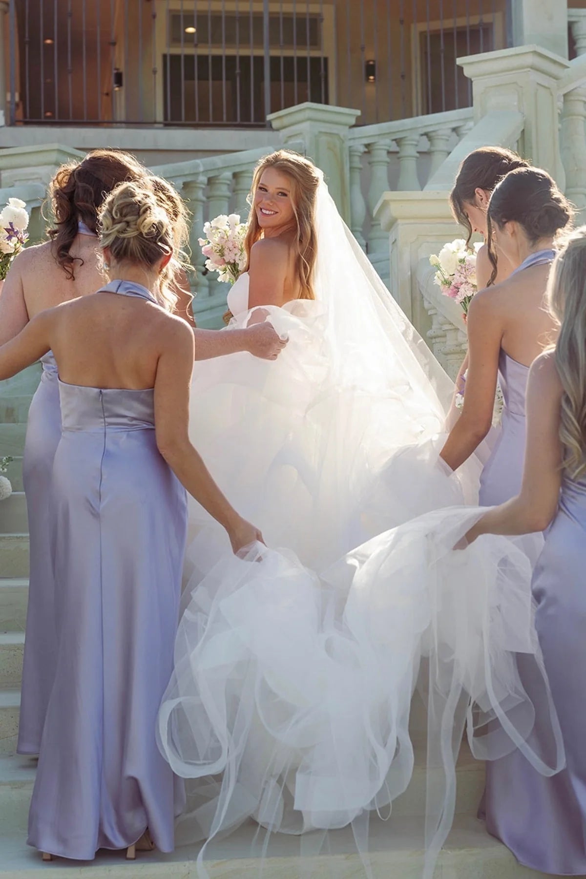 Purple Low V-Neck Halter Satin Floor-Length Bridesmaid Dress