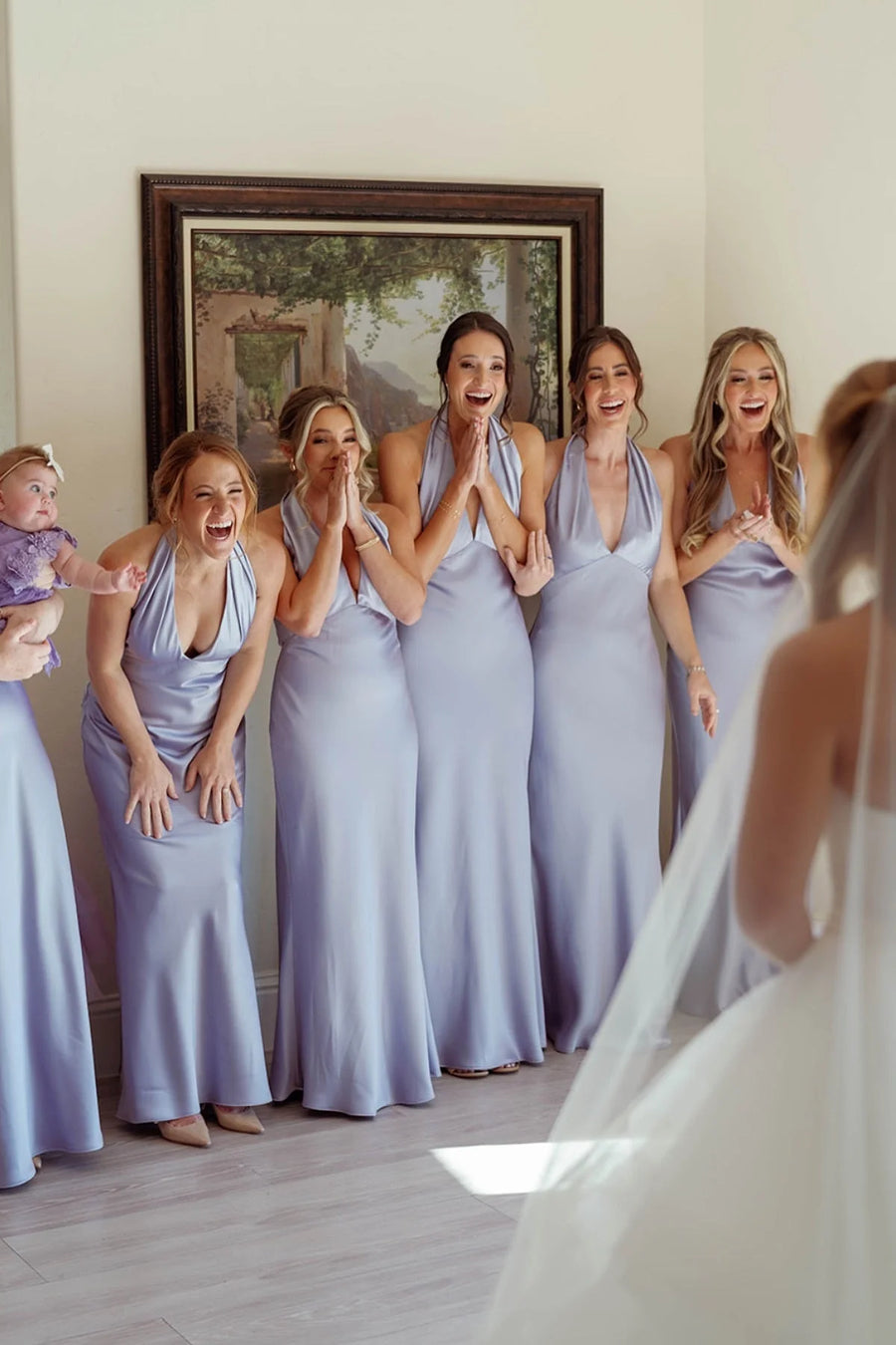 Purple Low V-Neck Halter Satin Floor-Length Bridesmaid Dress