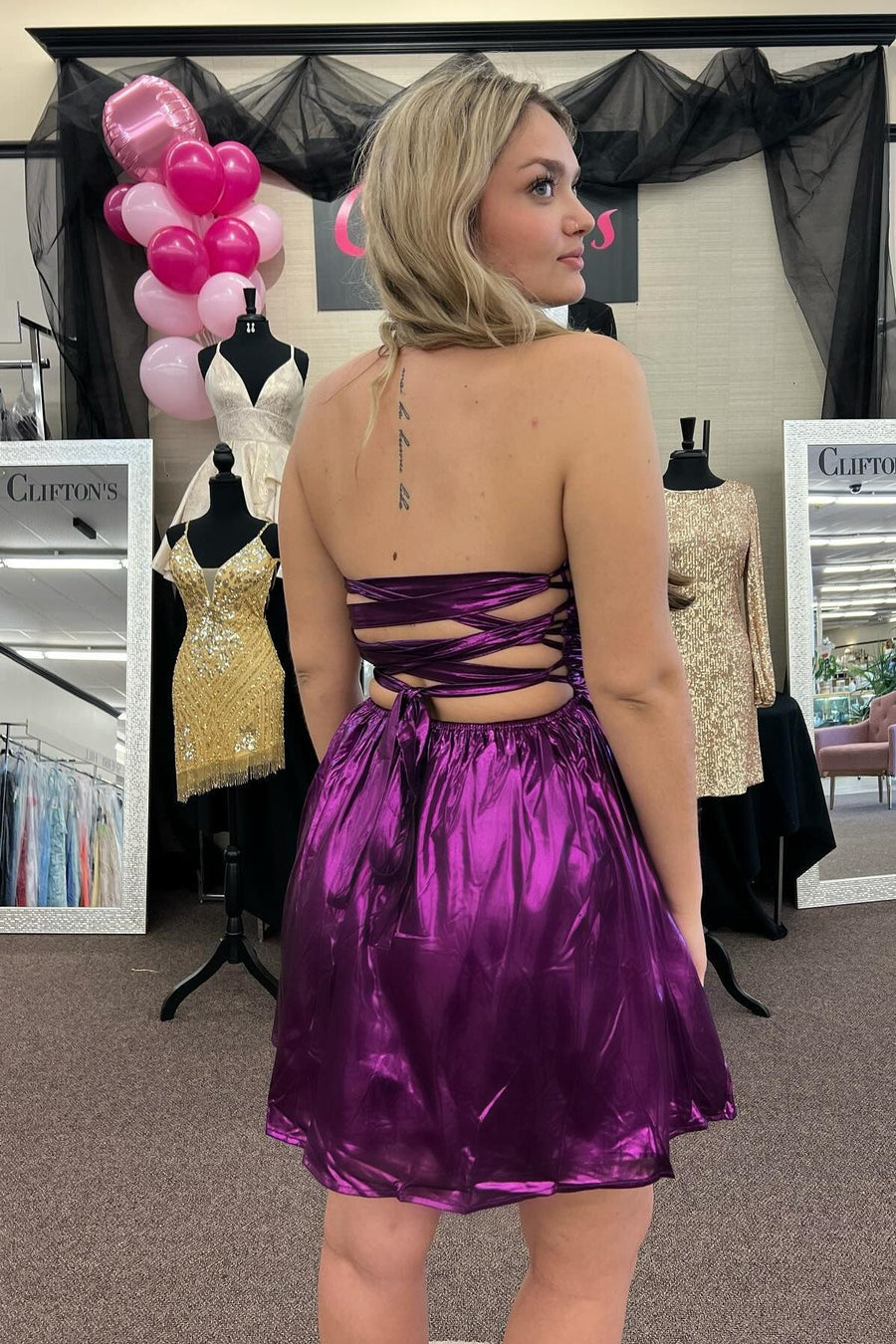 Purple Satin A-Line Strapless Lace Up Homecoming Dress