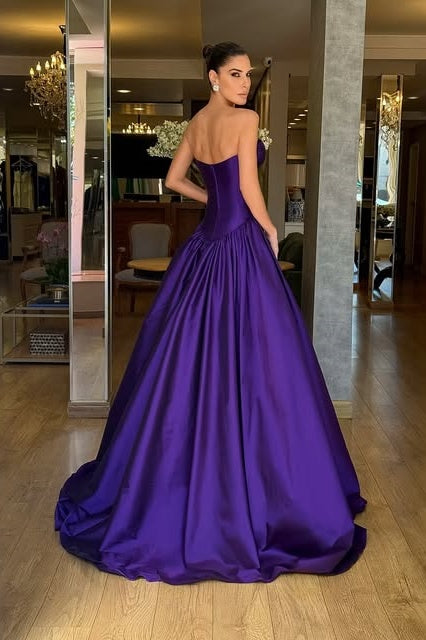 Purple Satin A-Line Sweetheart Sleeveless Long Party Prom Dress
