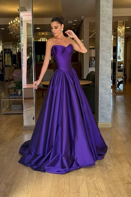 Purple Satin A-Line Sweetheart Sleeveless Long Party Prom Dress