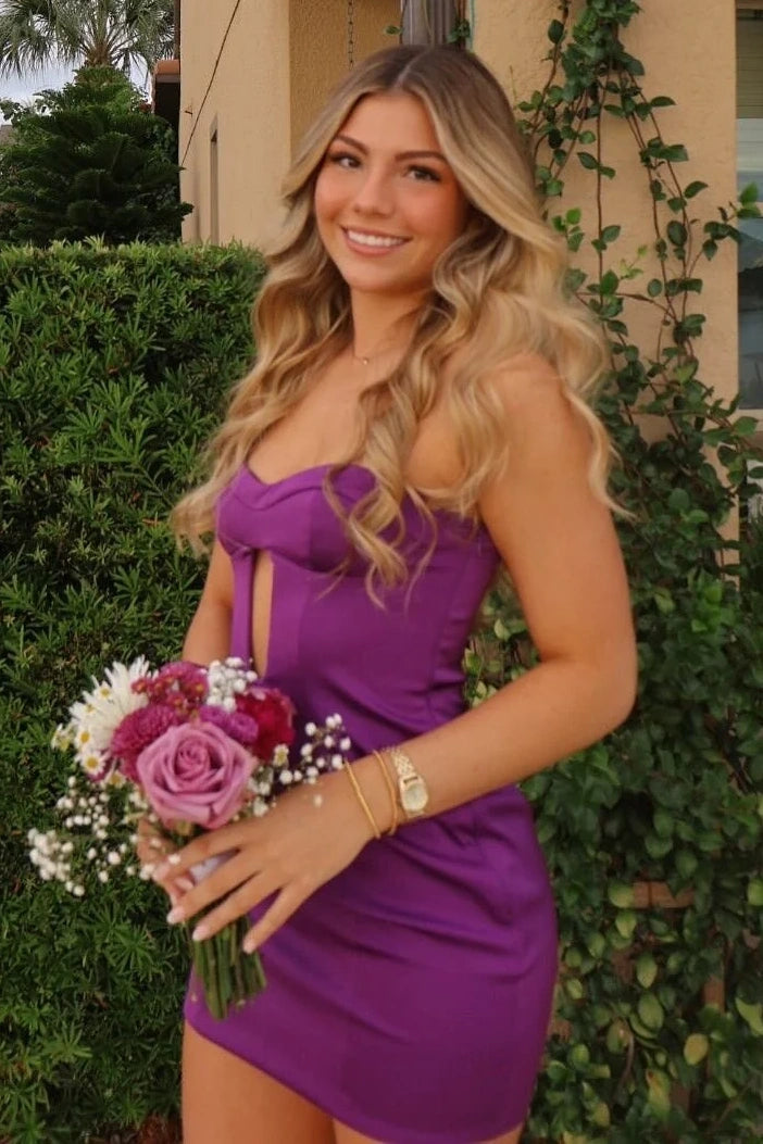 Purple Satin Fitted Straplesss Mini Party Homecoming Dress