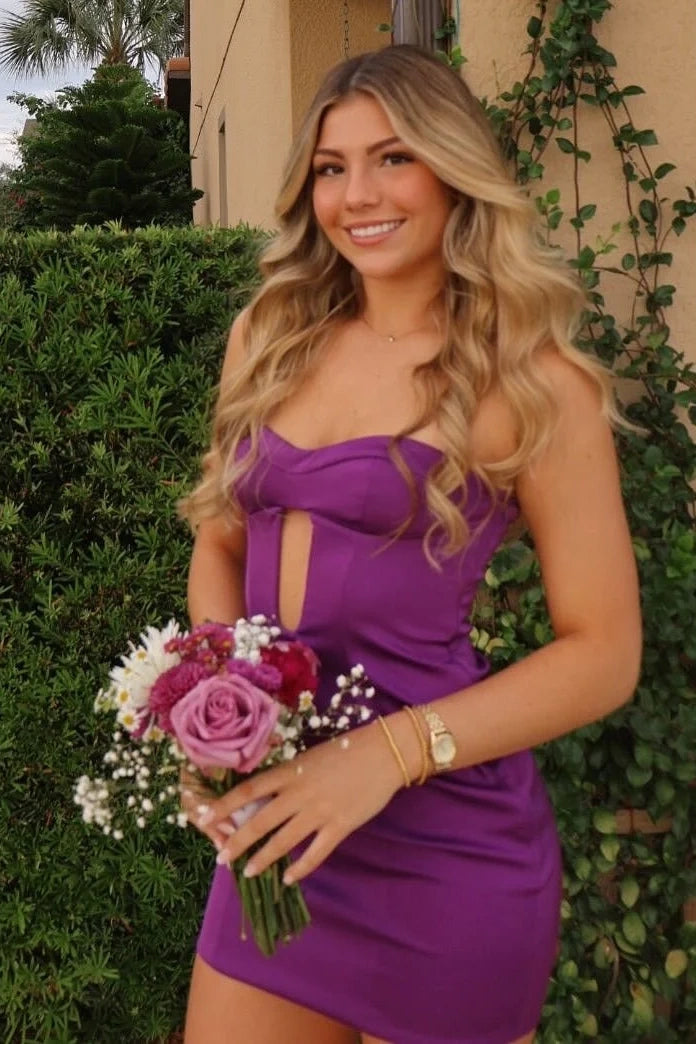 Purple Satin Fitted Straplesss Mini Party Homecoming Dress