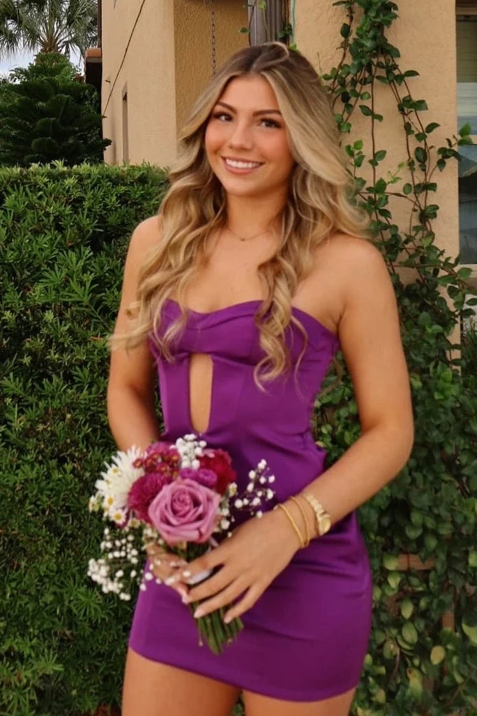 Purple Satin Fitted Straplesss Mini Party Homecoming Dress