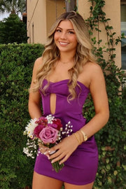 Purple Satin Fitted Straplesss Mini Party Homecoming Dress