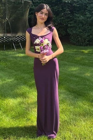 Purple Satin Fitted Straps Long Party Prom Dress