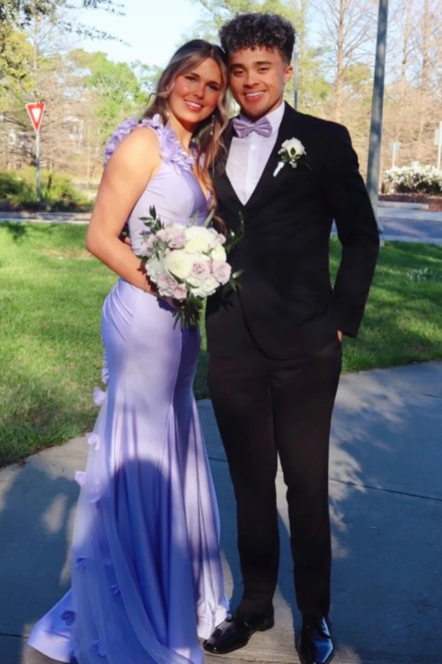 Purple Satin Mermaid V-Neck Open Back Floral Appliques Party Prom Dress