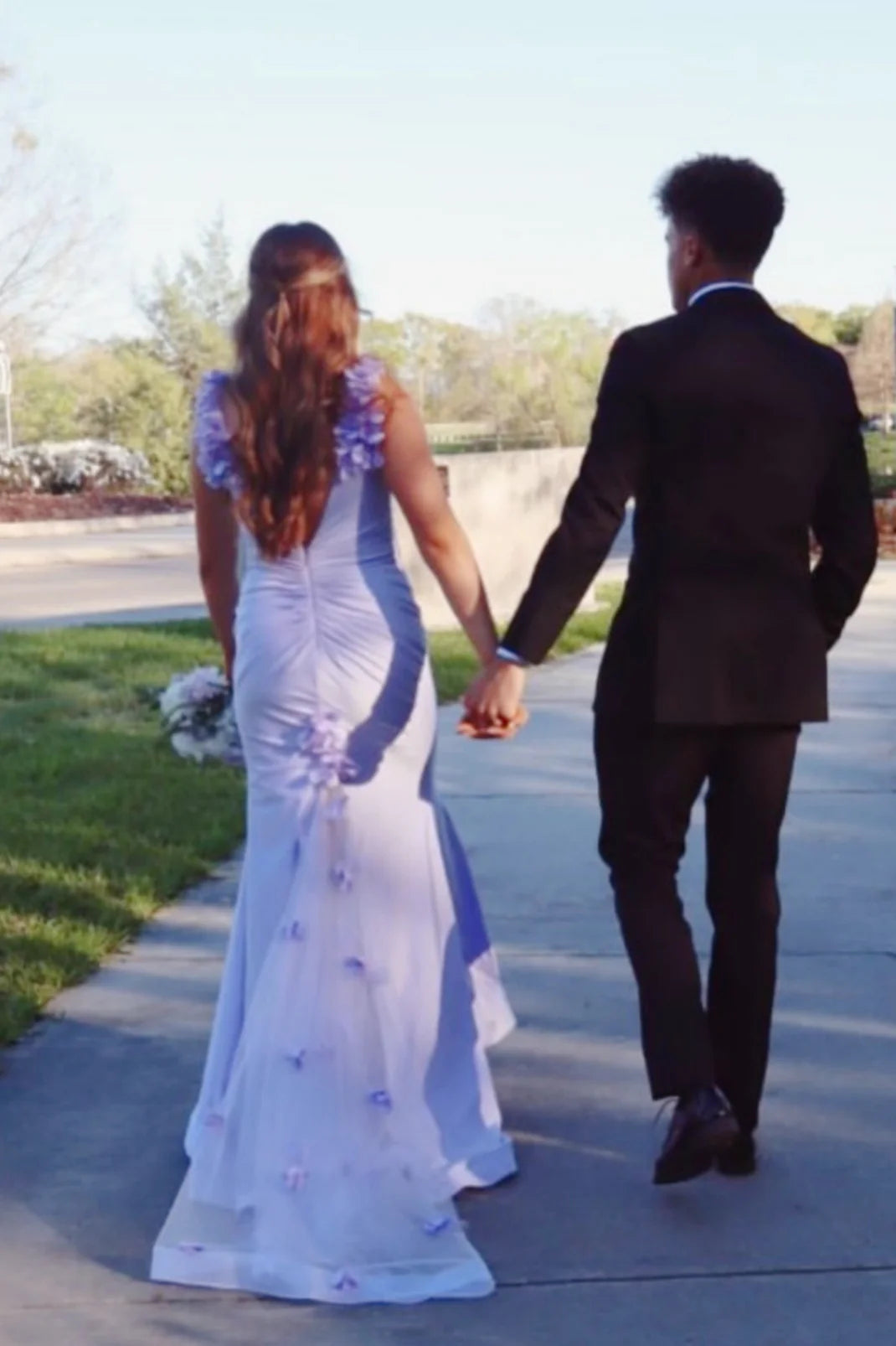 Purple Satin Mermaid V-Neck Open Back Floral Appliques Party Prom Dress