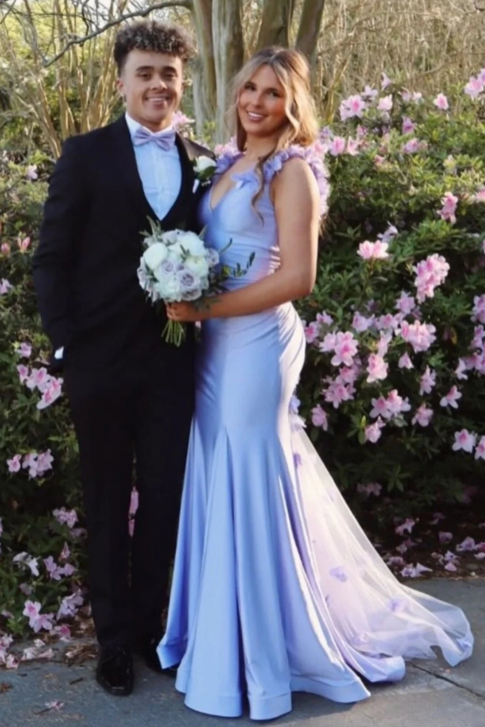 Purple Satin Mermaid V-Neck Open Back Floral Appliques Party Prom Dress