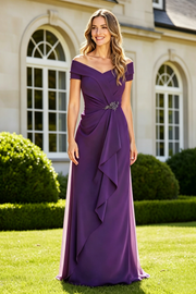 Purple Satin Sheath Off-Shoulder Empire Mother Of The Bride Dress