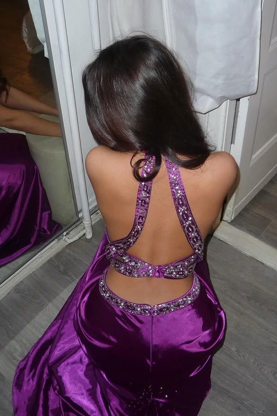 Purple Satin V-Neck Beaded Empire Mermaid Party Prom Dress
