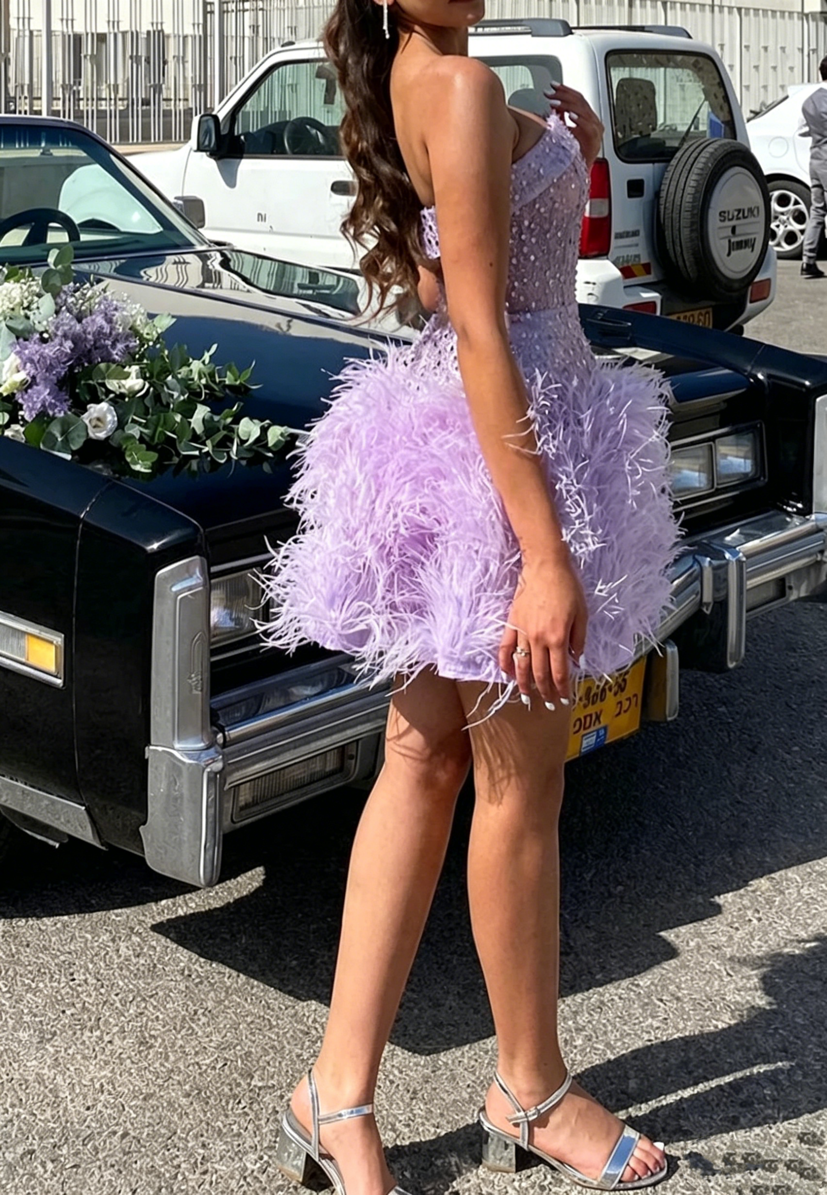 Purple Sequin And Feather Empire Strapless Evening Homecoming Dress