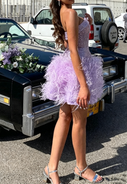 Purple Sequin And Feather Empire Strapless Evening Homecoming Dress