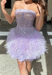 Purple Sequin And Feather Empire Strapless Evening Homecoming Dress