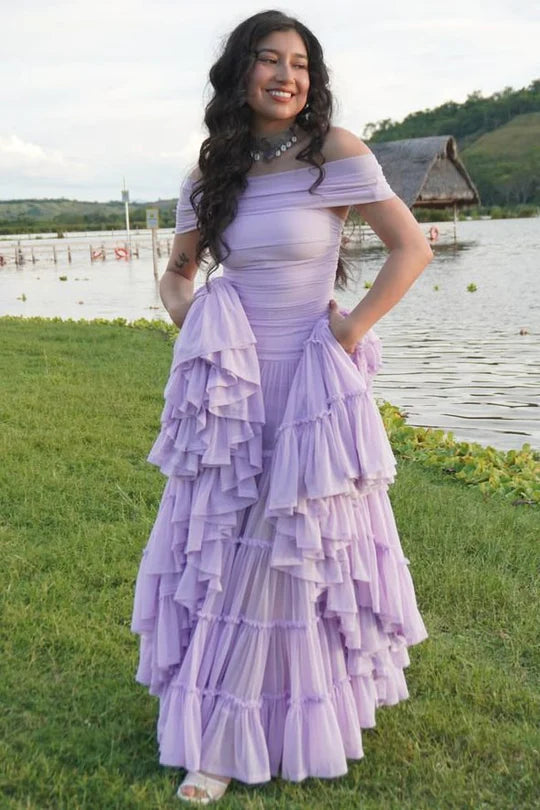 Purple Tulle A-Line Empire Off-Shoulder Party Prom Dress