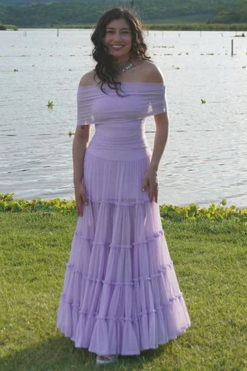 Purple Tulle A-Line Empire Off-Shoulder Party Prom Dress
