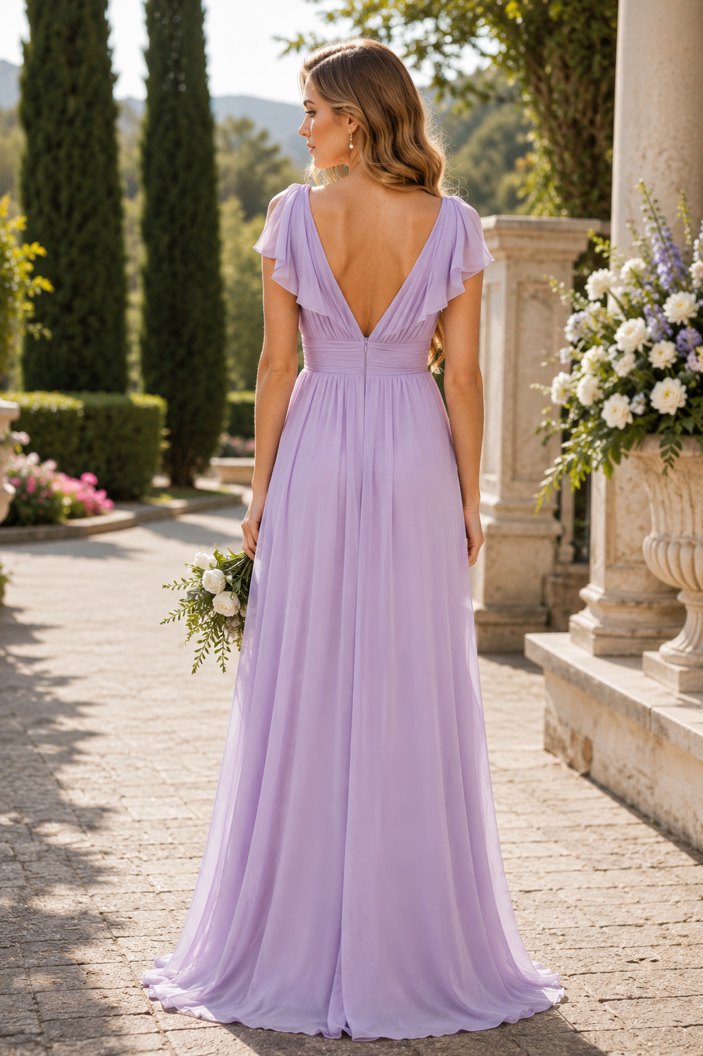 Purple V-Neck Straps Chiffon A-Line V-Back Maxi Bridesmaid Dress