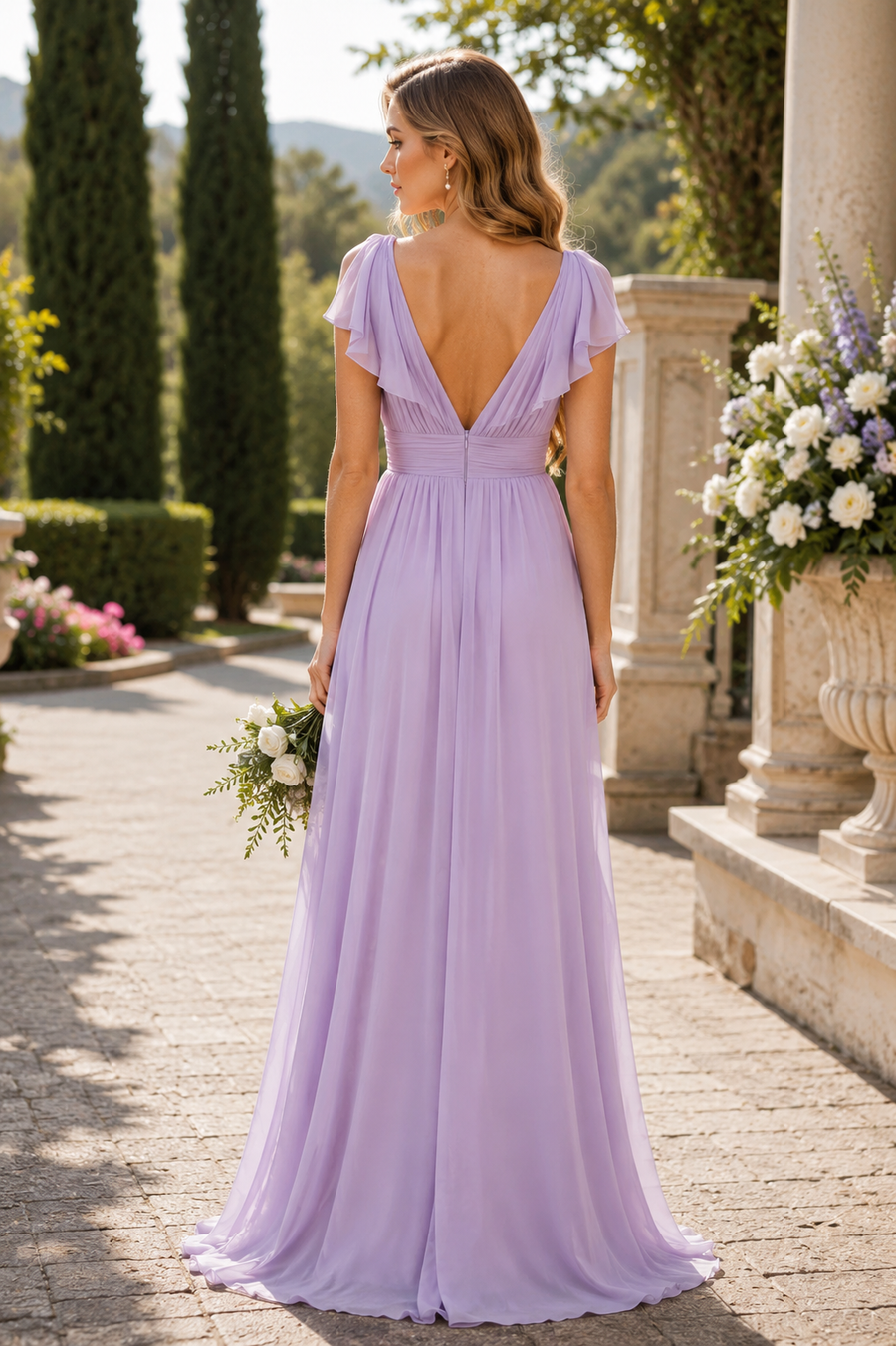 Purple V-Neck Straps Chiffon A-Line V-Back Maxi Bridesmaid Dress 