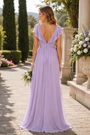 Purple V-Neck Straps Chiffon A-Line V-Back Maxi Bridesmaid Dress 