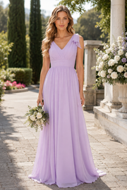 Purple V-Neck Straps Chiffon A-Line V-Back Maxi Bridesmaid Dress 