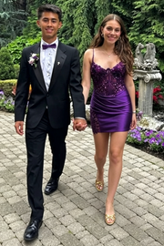 Purple V-Neck Straps Lace Top Satin Mini Homecoming Dress