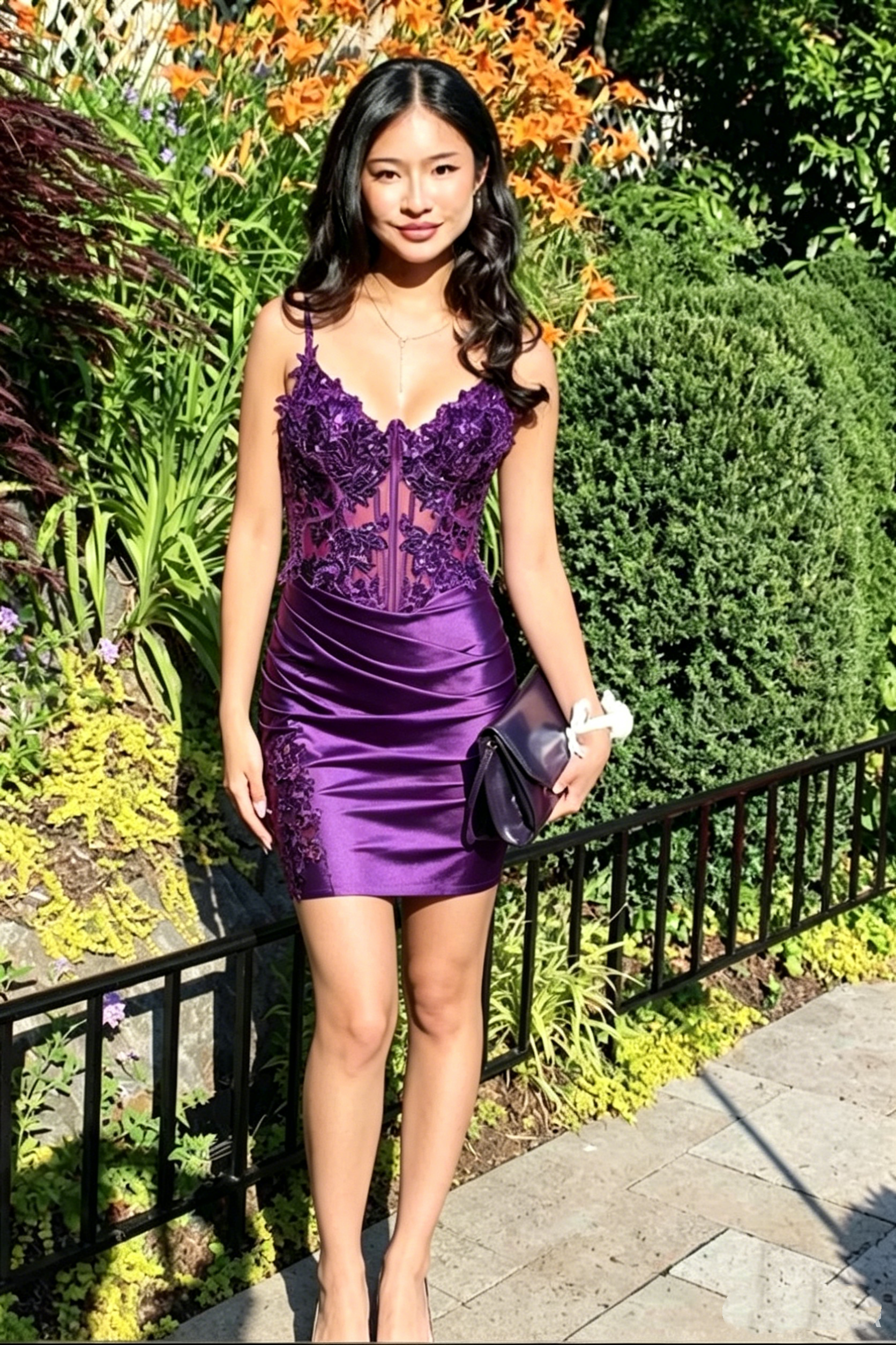 Purple V-Neck Straps Lace Top Satin Mini Homecoming Dress