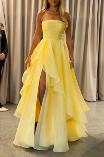 A-Line Strapless A-Line Tiered Party Prom Dress With Slit