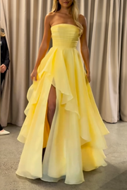 A-Line Strapless A-Line Tiered Party Prom Dress With Slit