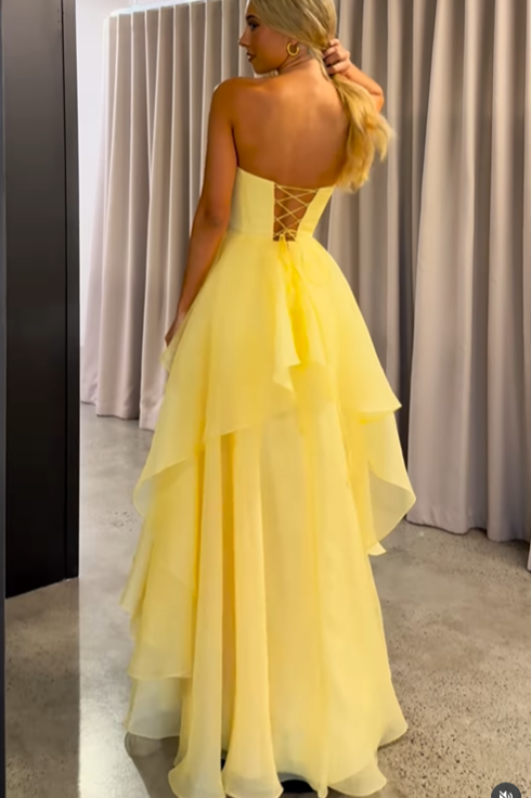 A-Line Strapless A-Line Tiered Party Prom Dress With Slit