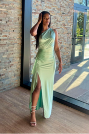 One Shoulder Sleeveless Satin Party Prom Dress With High Slit