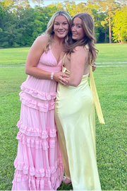 Pink V-Neck Sleeveless A-Line Ruffled Party Prom Dress