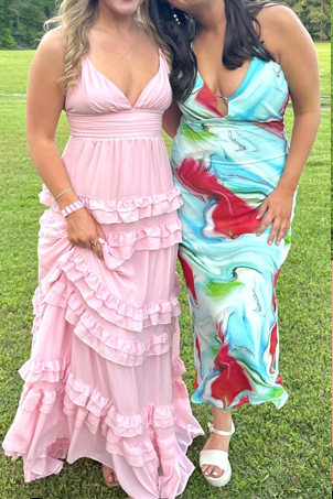 Pink V-Neck Sleeveless A-Line Ruffled Party Prom Dress