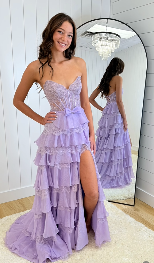 Sweetheart Strapless Empire Tiered Lace A-Line Prom Dress