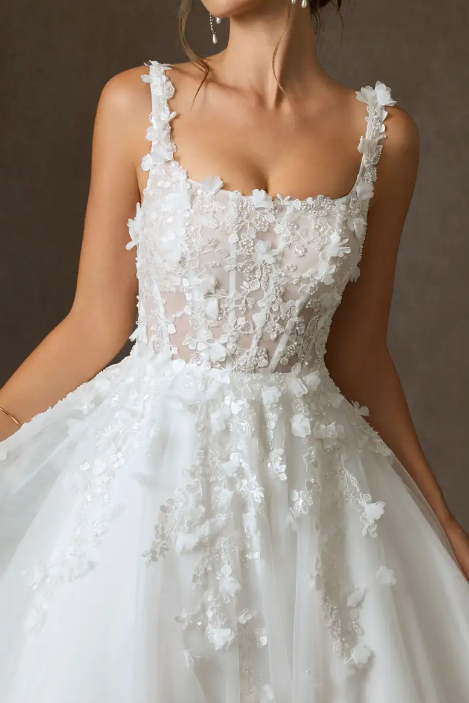 Square Straps Floral Appliques Tulle A-Line Summer Wedding Dress