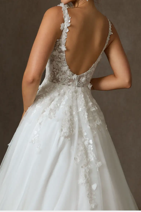 Square Straps Floral Appliques Tulle A-Line Summer Wedding Dress