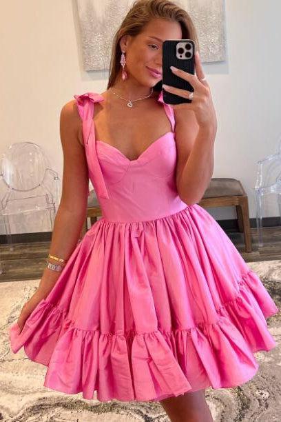 Pink Sweetheart Bow Strap A-Line Homecoming Dress