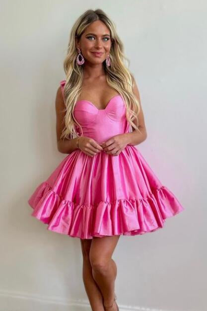 Pink Sweetheart Bow Strap A-Line Homecoming Dress
