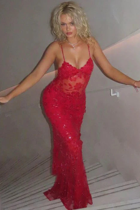 V-neck Sleeveless Fitted Lace Floral Party Prom Dress