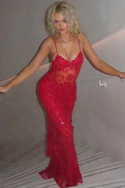 V-neck Sleeveless Fitted Lace Floral Party Prom Dress