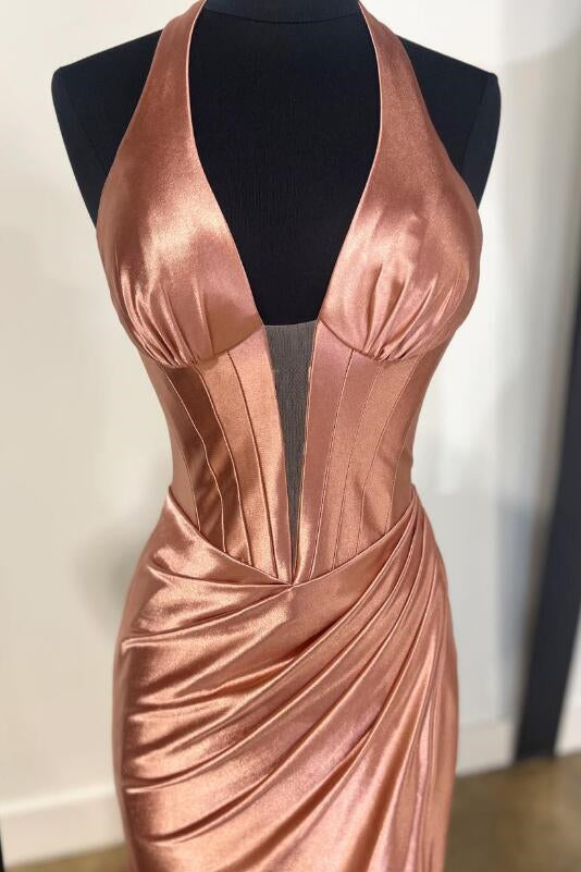 Dusty Pink Plunging V Halter Mermaid Long Prom Dress