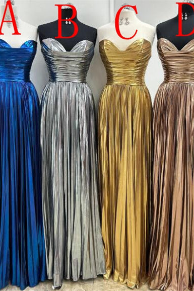 Silver & Gold & Champagne & Royal Blue Metallic Satin Strapless A-line Long Prom Dress