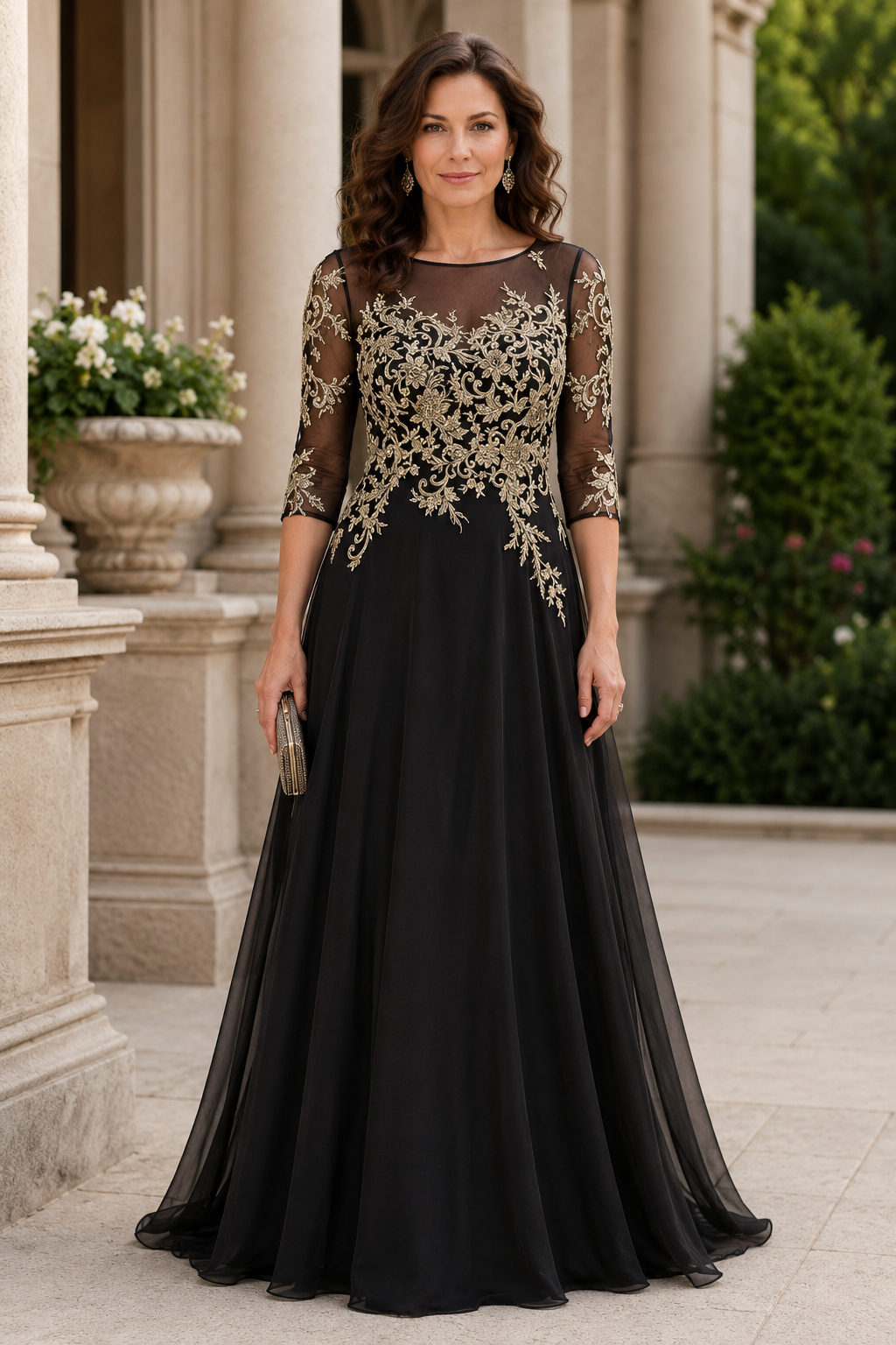 Quarter Sleeves Scoop V-Back A-Line Maxi Mother Of The Bride Dress