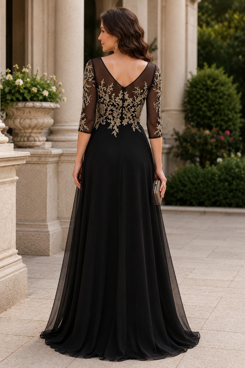 Quarter Sleeves Scoop V-Back A-Line Maxi Mother Of The Bride Dress