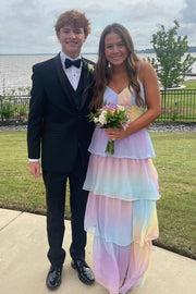 Rainbow V-Neck Sleeveless Tiered Chiffon A-Line Prom Dress