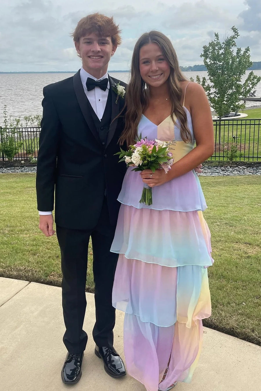 Rainbow V-Neck Sleeveless Tiered Chiffon A-Line Prom Dress