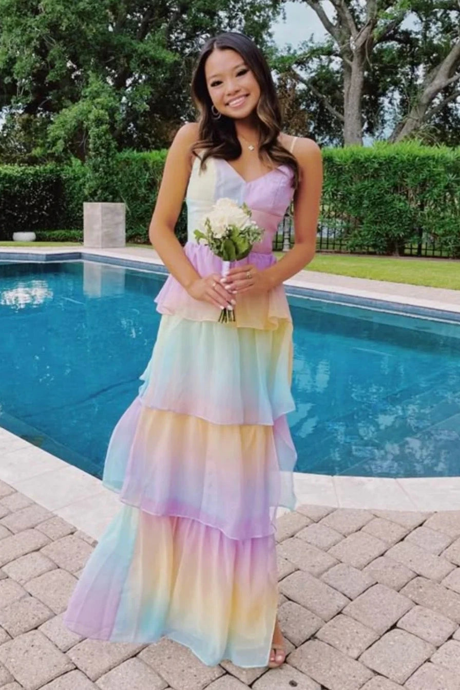 Rainbow V-Neck Sleeveless Tiered Chiffon A-Line Prom Dress