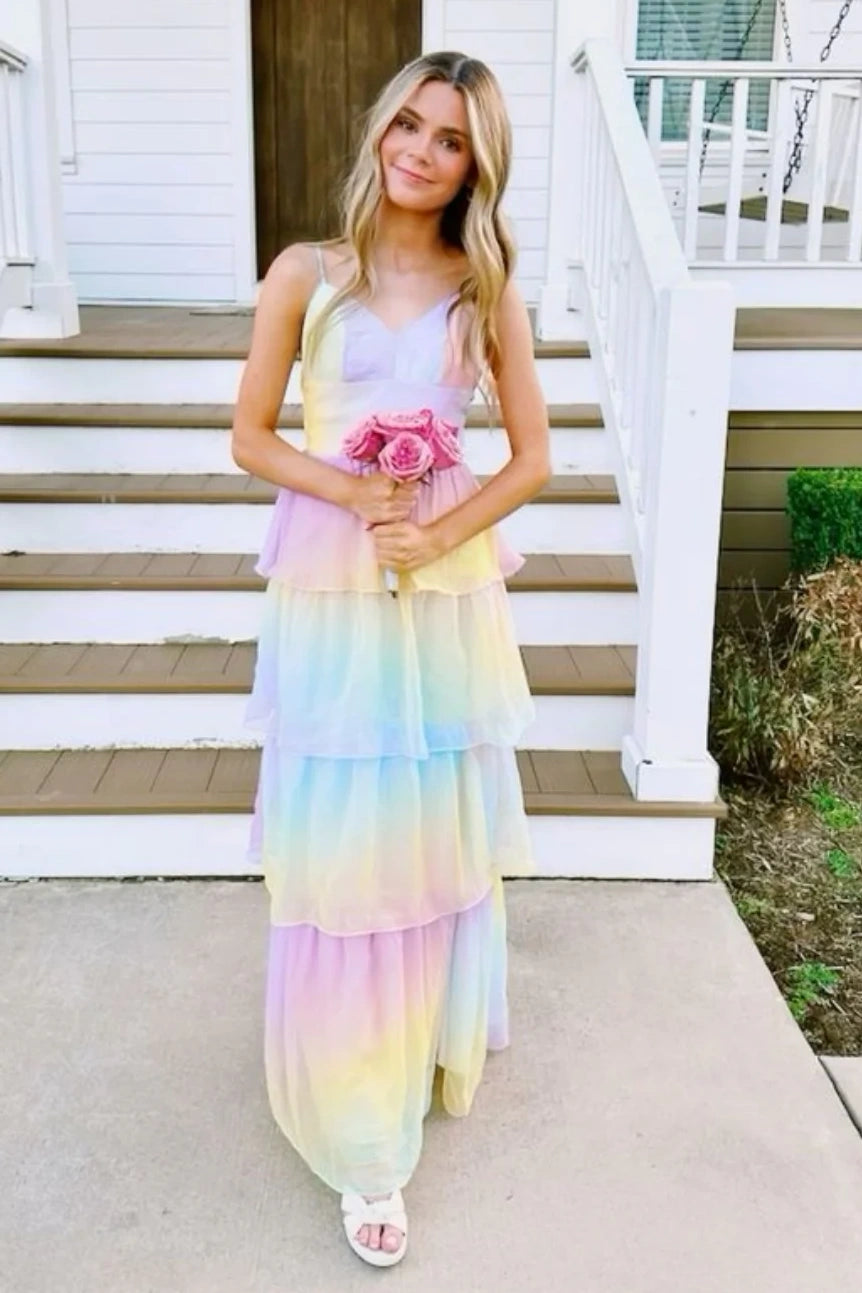 Rainbow V-Neck Sleeveless Tiered Chiffon A-Line Prom Dress